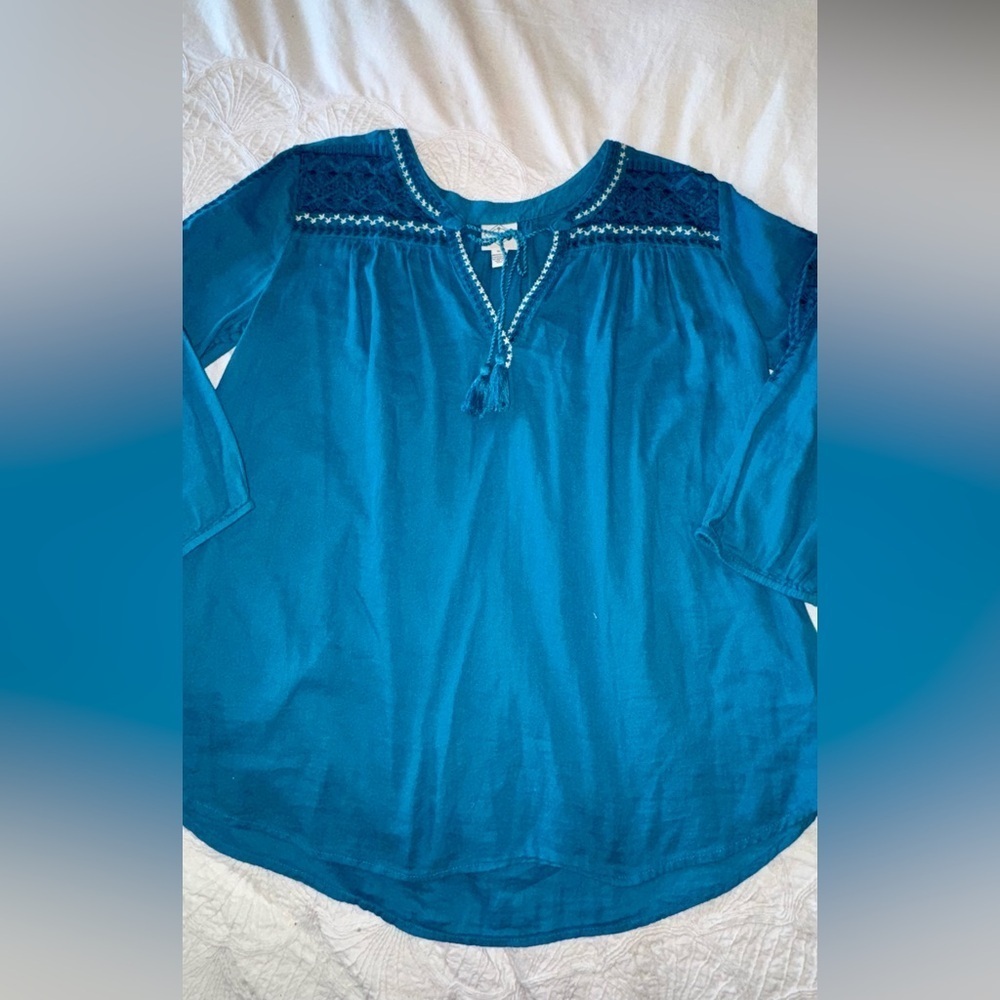 St. John’s Bay Boho Embroidered Peasant Top – Teal Blue – XL